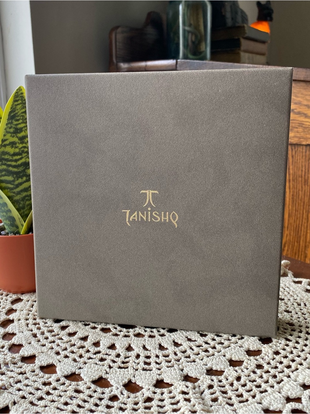 Tanishq Jewelry Necklace Box in Taupe with Gold Logo EUC